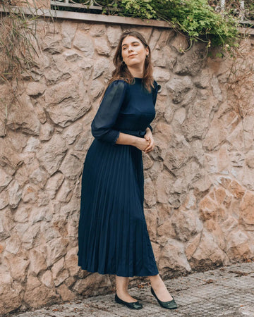 Pierre Solid Pleated Long Dress - Navy Blue